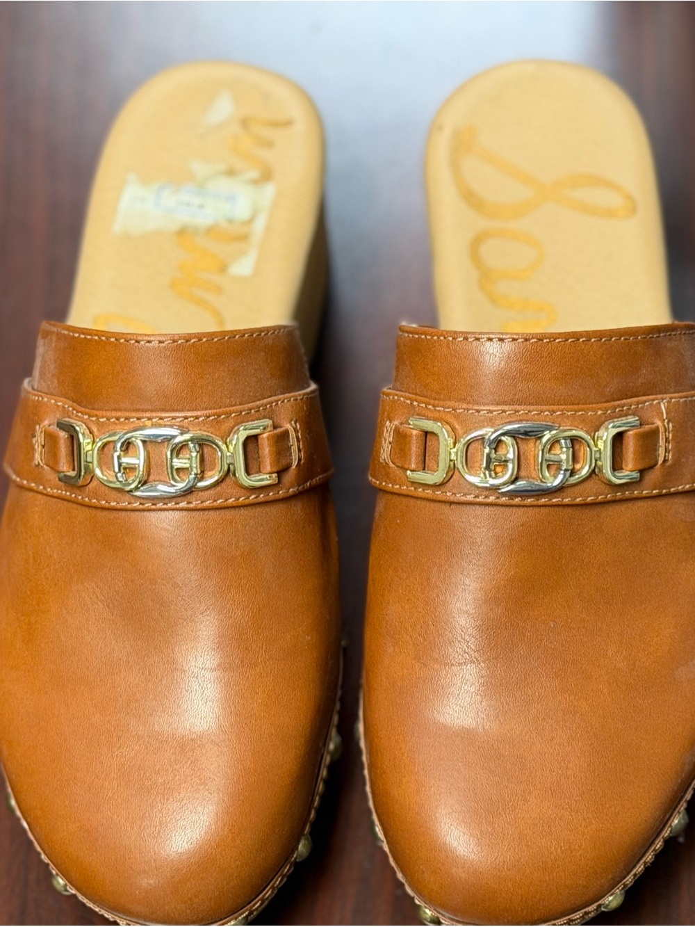 Sam Edelman Tan Leather Slip-On Mules with Gold Chain Detail